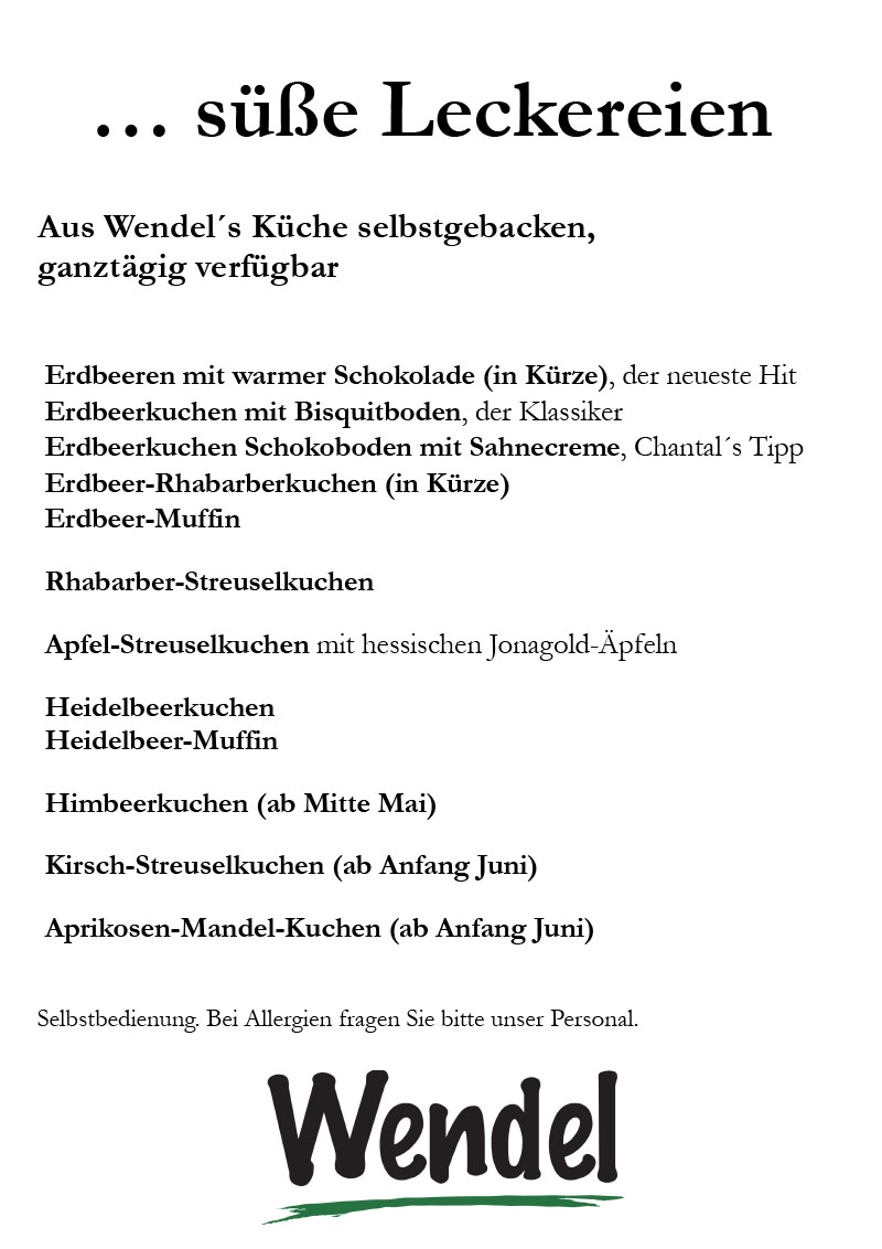 Kuchen-Karte Wendel´s Hof-Café
