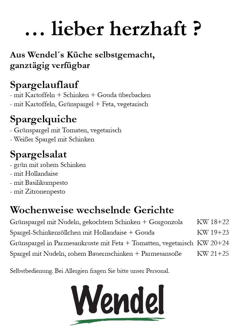 Speisekarte Wendel´s Hof-Café
